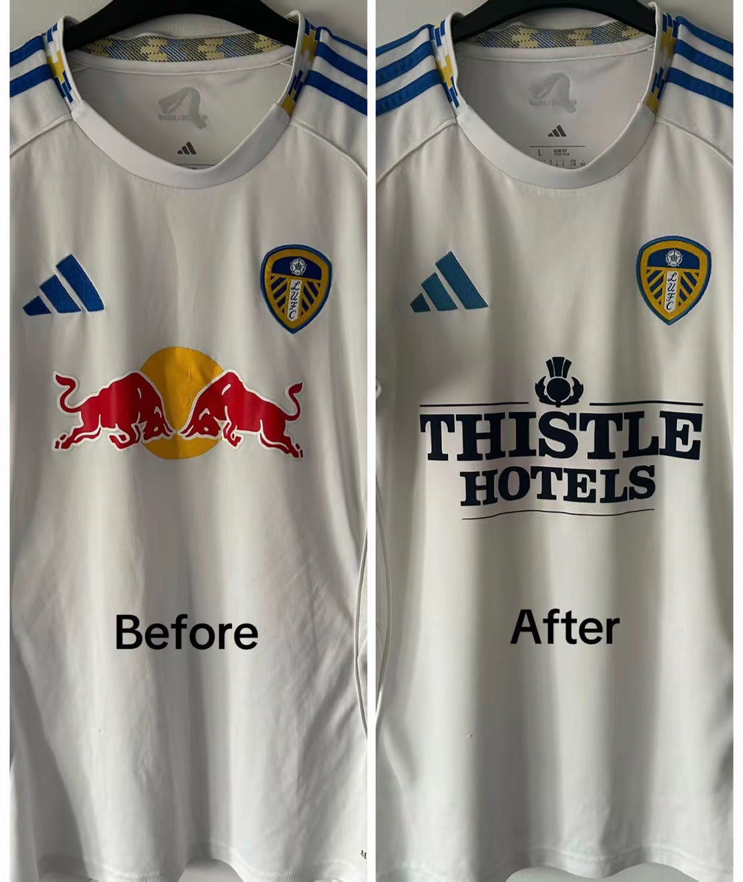 Leeds United 2025/26 Home Shirt Sponsor Swap Red Bull to Thistle Hotels Flock
