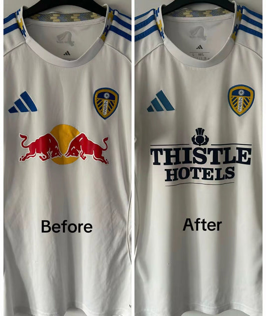 Leeds United 2025/26 Home Shirt Sponsor Swap Red Bull to Thistle Hotels Flock